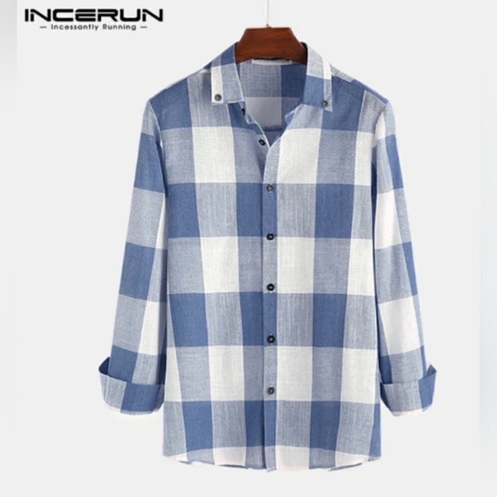 INCERUN Blue White Plaid Button Down Shirt XXLG Lightweight Casual